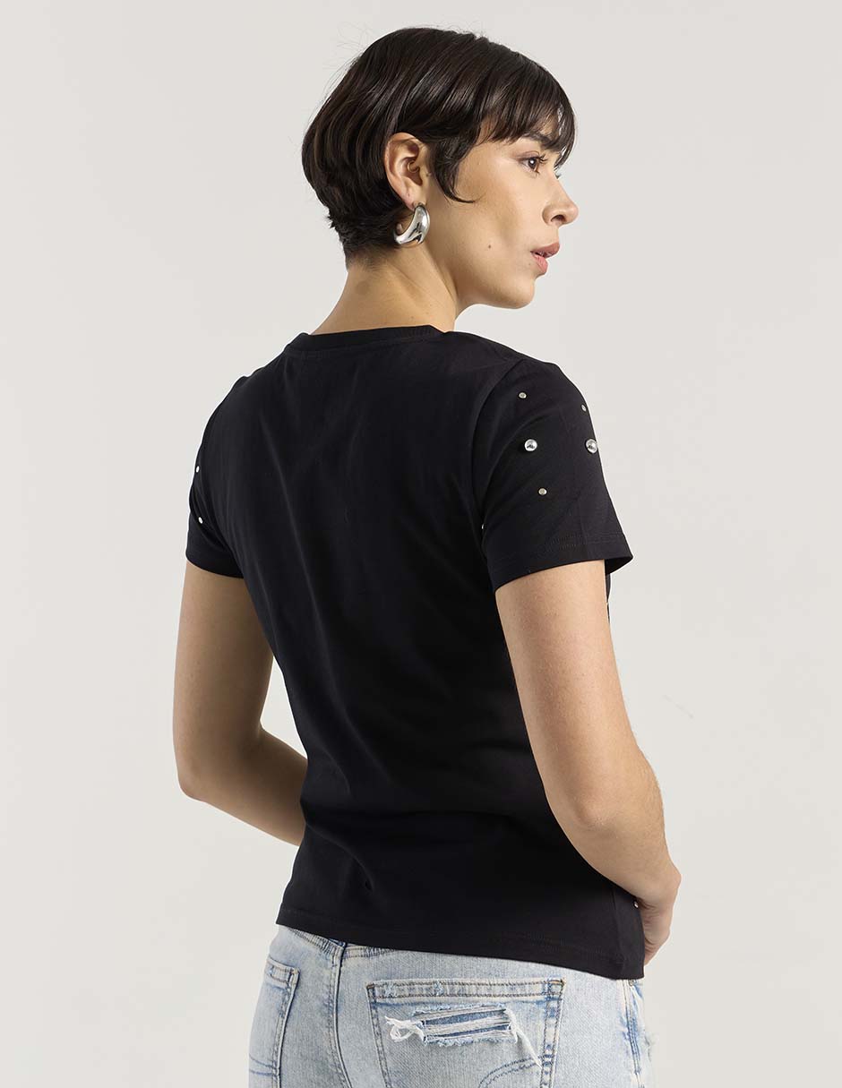 Playera manga corta Contempo cuello redondo para mujer